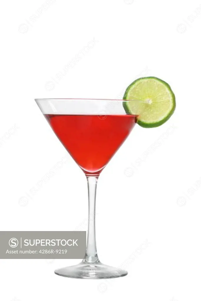 Cosmopolitan cocktail with lime cutout, isolated on white background