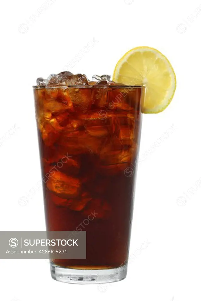 Glass of cola with ice and lemon cutout, isolated on white background