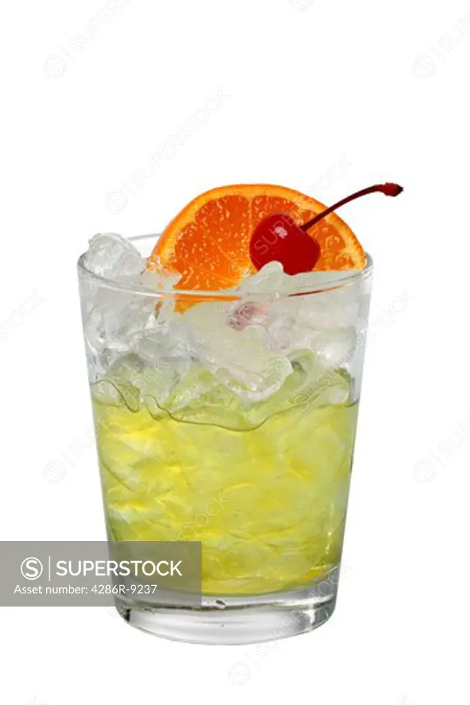 Cocktail drink with orange slice and cherry with  cutout, isolated on white background