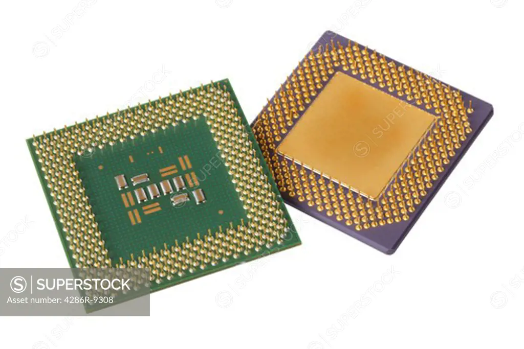 Two computer processors cut out on white background