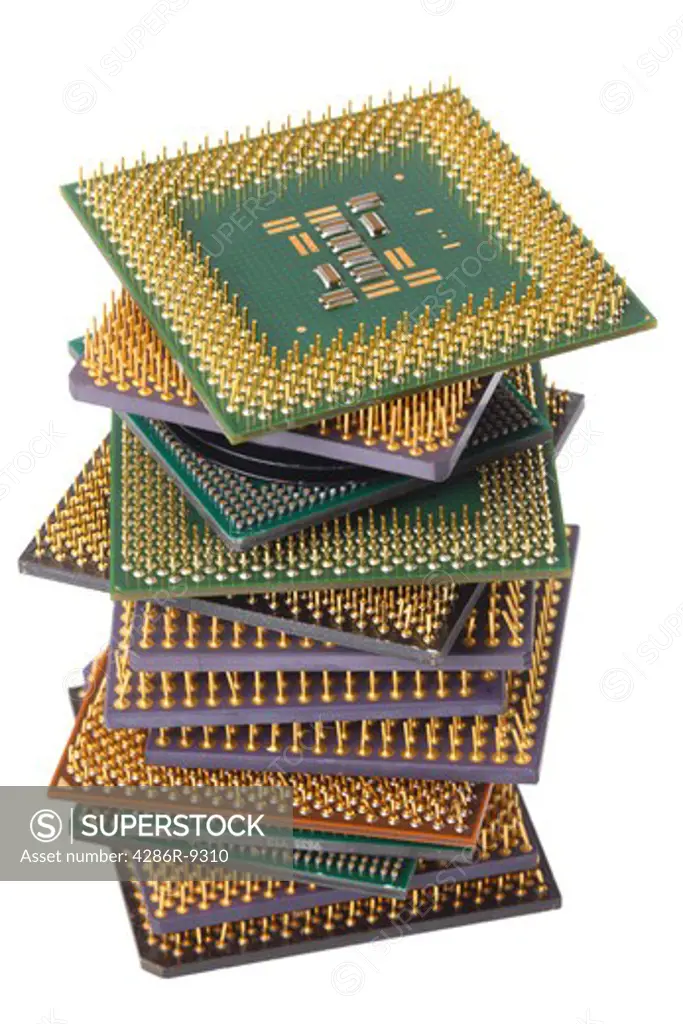 Stack of computer CPU processor microchips cut out on white background
