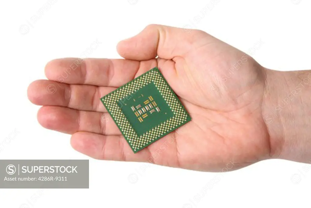 Hand holding computer cpu, cut out on white background