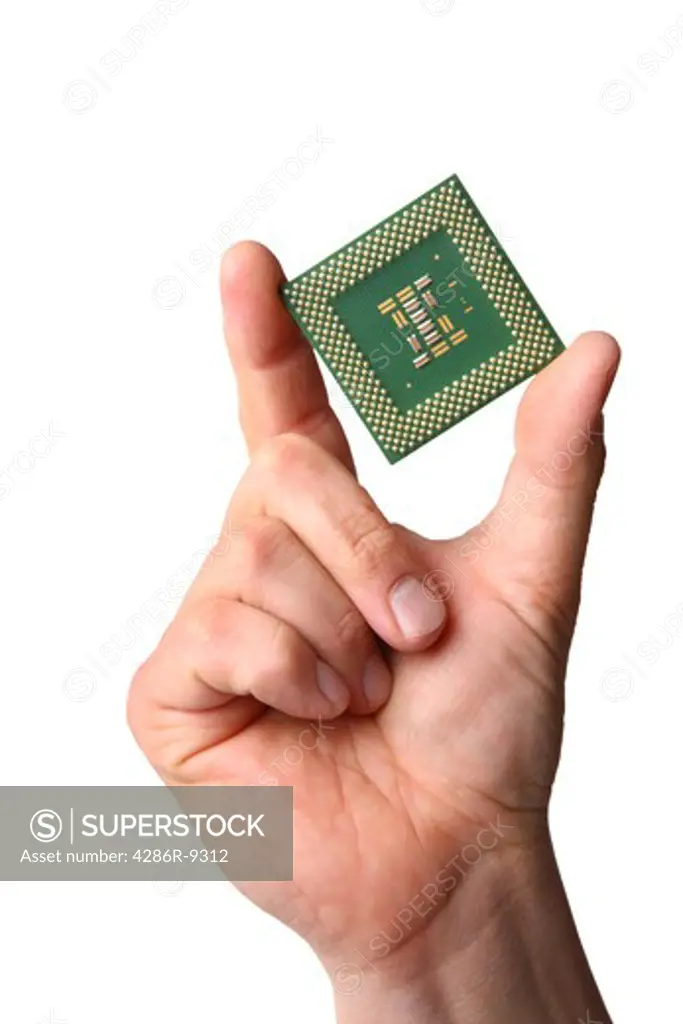 Hand holding computer processor chip, cut out on white background