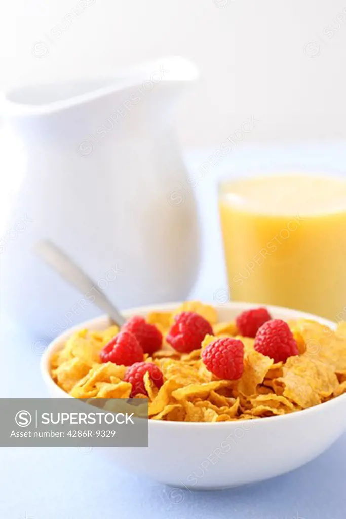 Healthy breakfast, cereal, fresh berries and orange juice