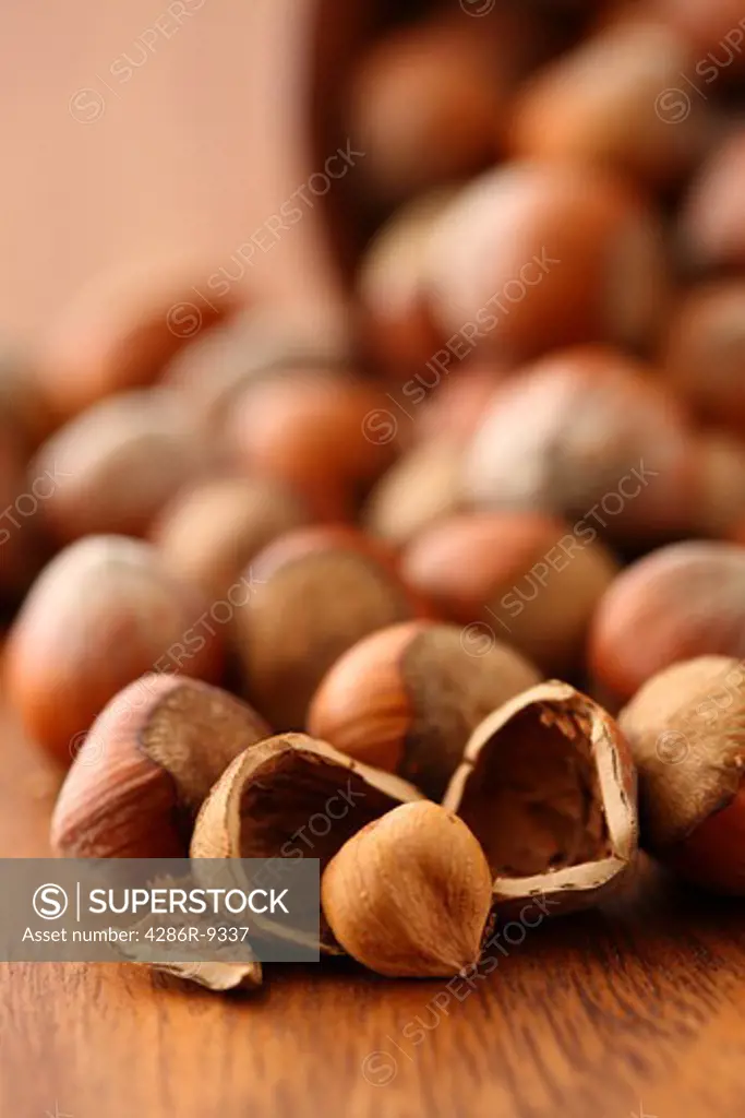 Hazelnuts, selective focus