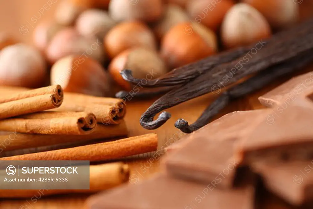 Hazelnuts, Cinnamon Sticks, Vanilla Beans, and Chocolate
