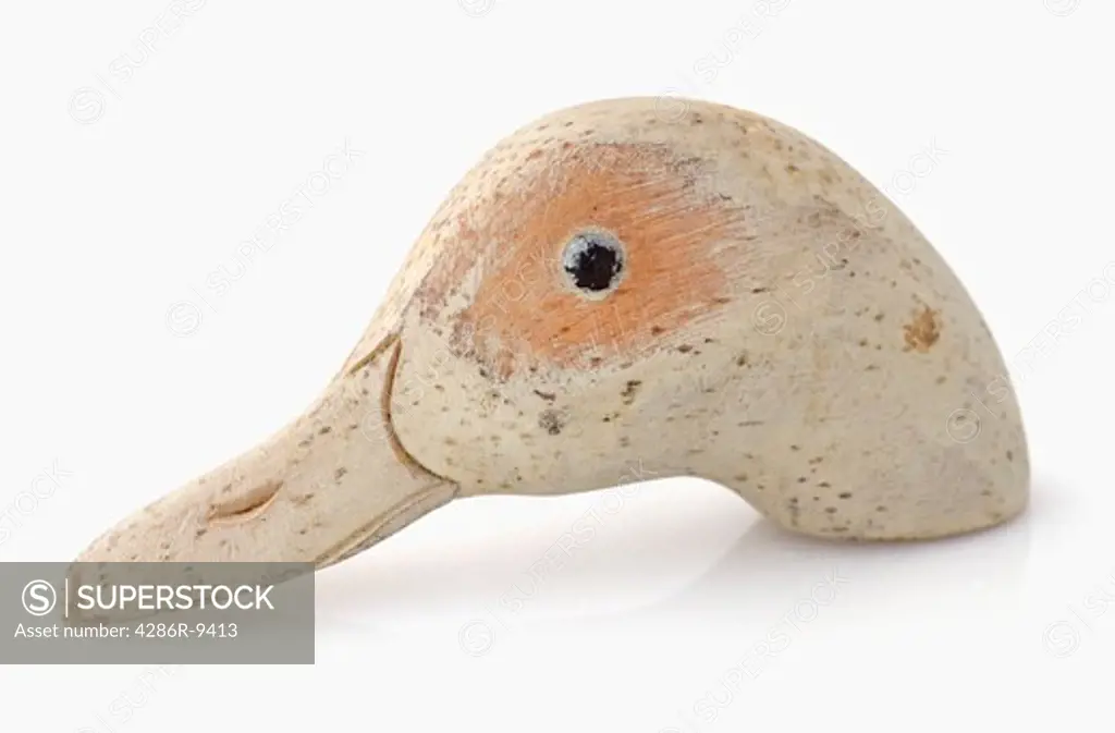 Studio shot of a the wooden head of a duck decoy.