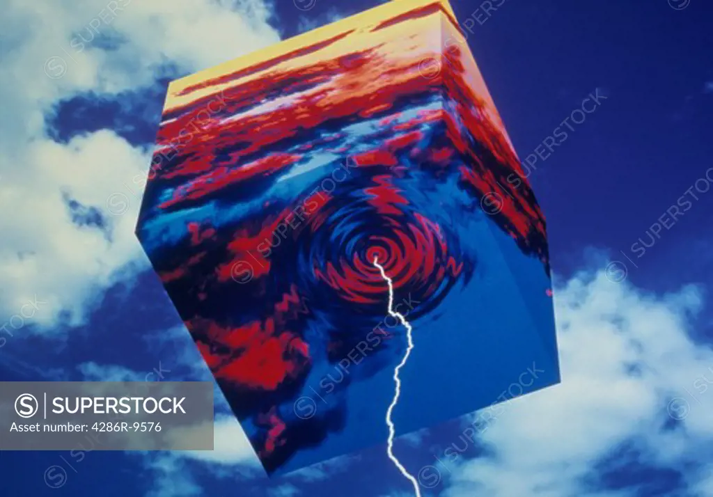 Computer generated image of lightning emitted from a floating environmental cube.