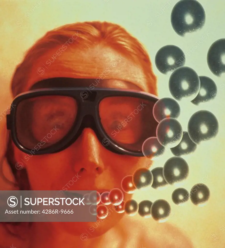 Computer generated image of a woman wearing goggles and expelling bubbles.
