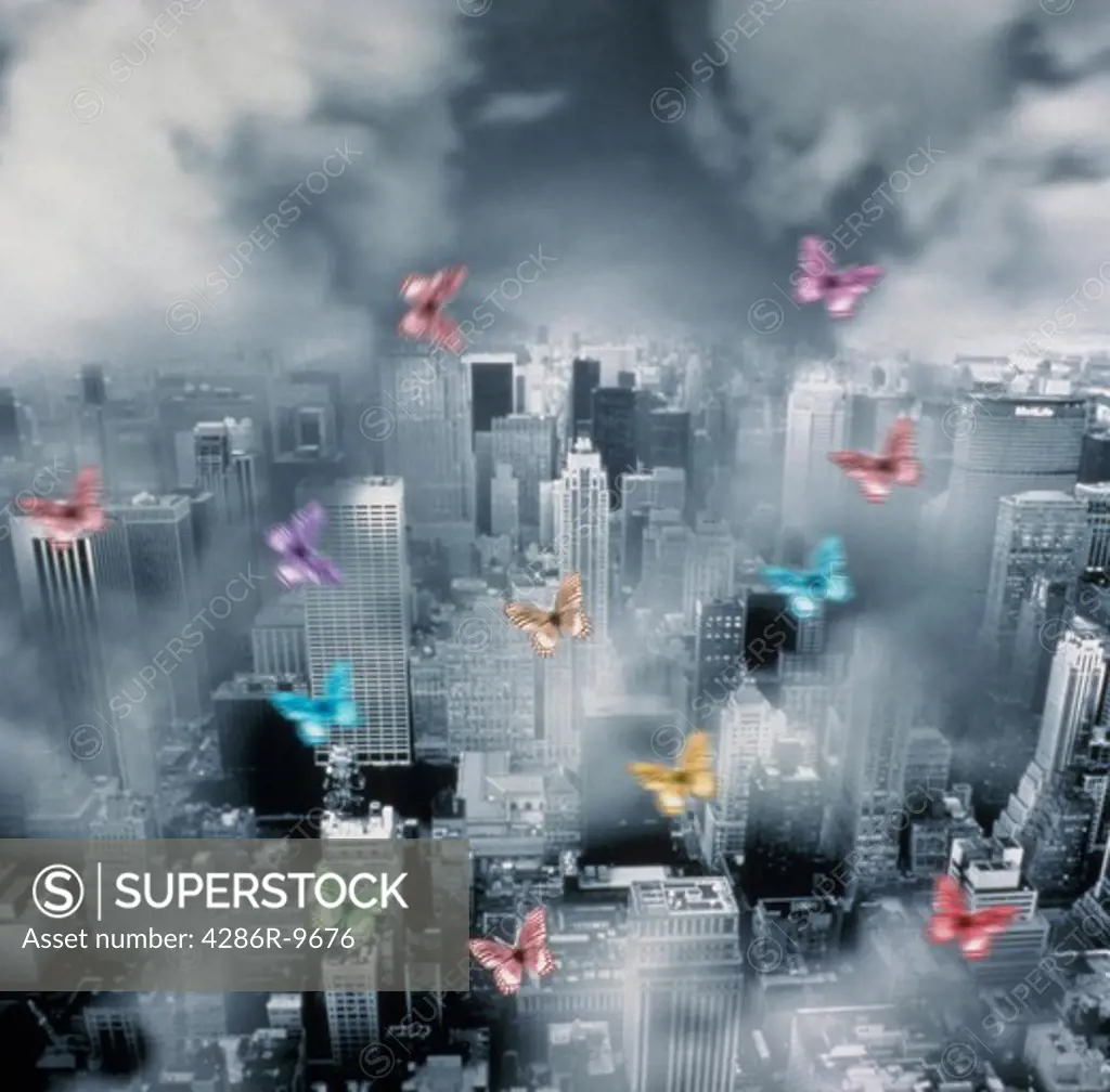 Computer generated image of colorful butterflies flying over a polluted large city.