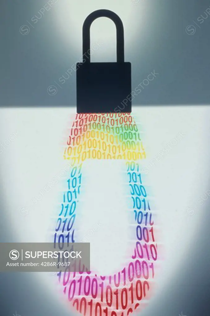 Computer generated image of a padlock and its shadow made up of binary numbers denoting internet and computer security.