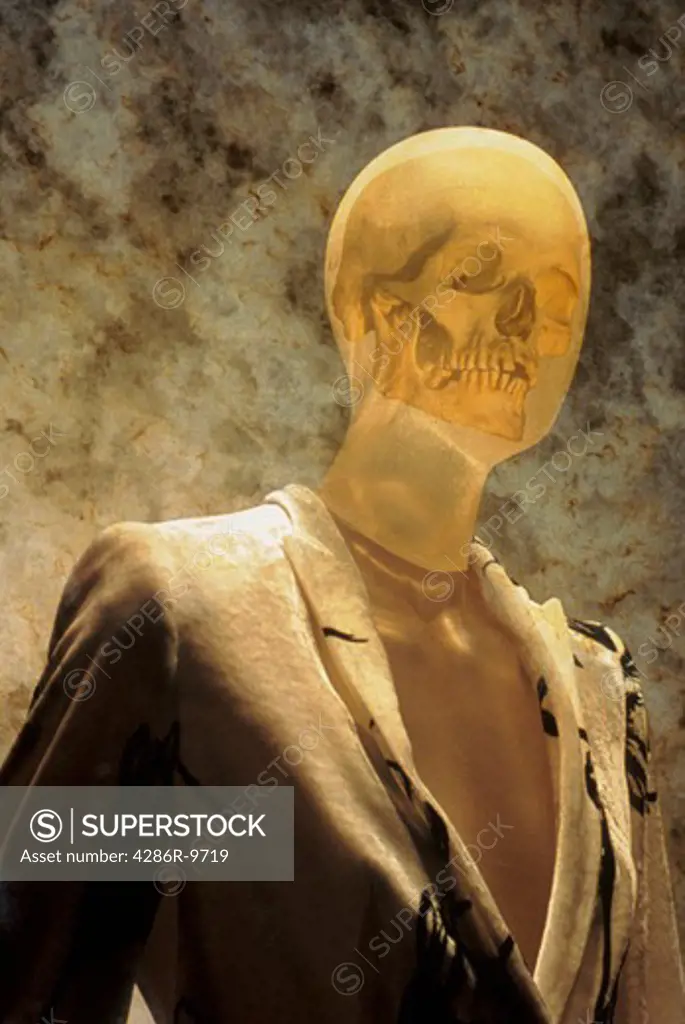 Computer generated image of a man whose face is transparent and his skull is visible.