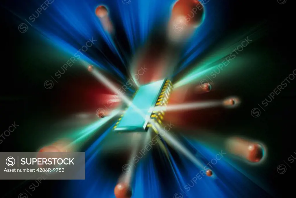Computer generated image of electronical special effects zooming from a computer chip.