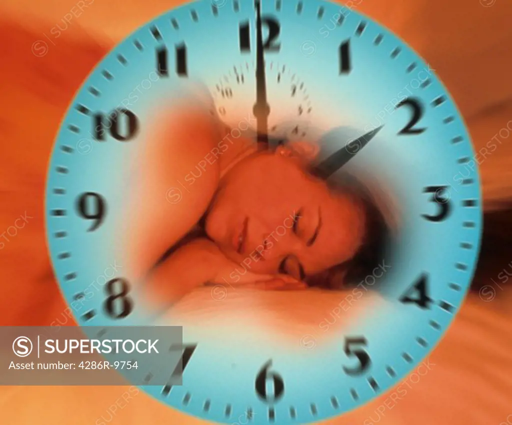 Digitally manipulated image of a sleeping woman inserted into the face of a clock denoting biorhythms, sleep cycles and dreams.