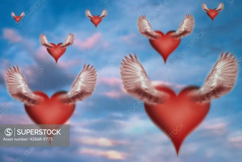Digitally created image of hearts with wings hovering in the clouds.