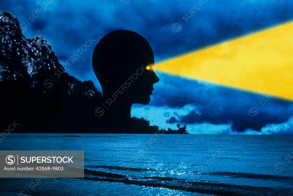 Digitally created image of a persons face peering over the sea at night with a beam of yellow light protruding from the eyes.