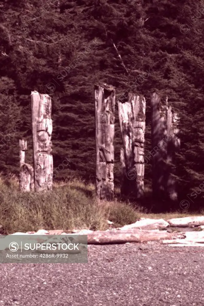 Gwaii Haanas National Park Reserve, Queen Charlotte Islands. SGANG GWAAY World Heritage Site. (Anthony Island, Ninstints). Ancient totems and village site. British Columbia Canada  -