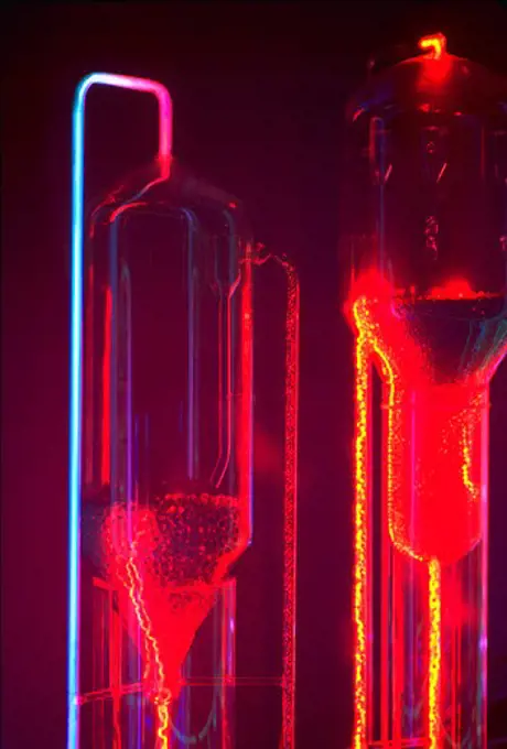 A chemistry model used in petroleum refining illuminated in bright magenta, yellow and blue.