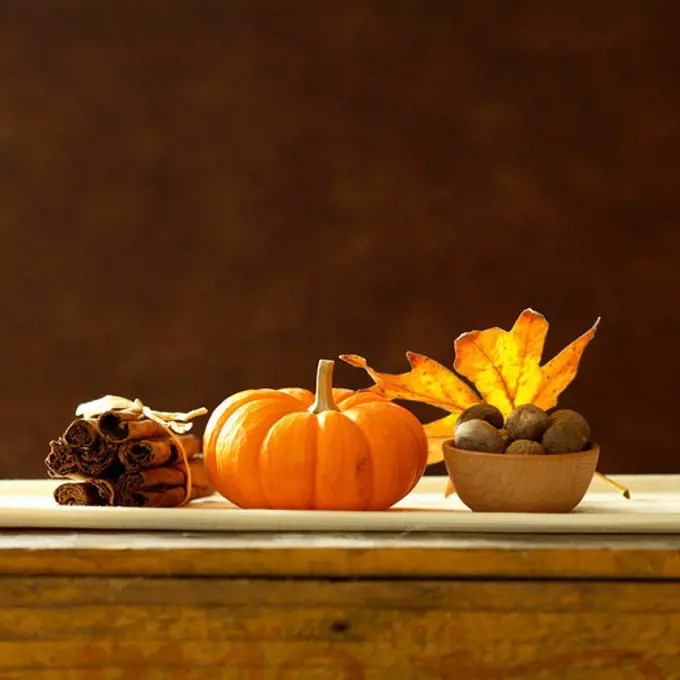 Fall still life with pumpkin and spice