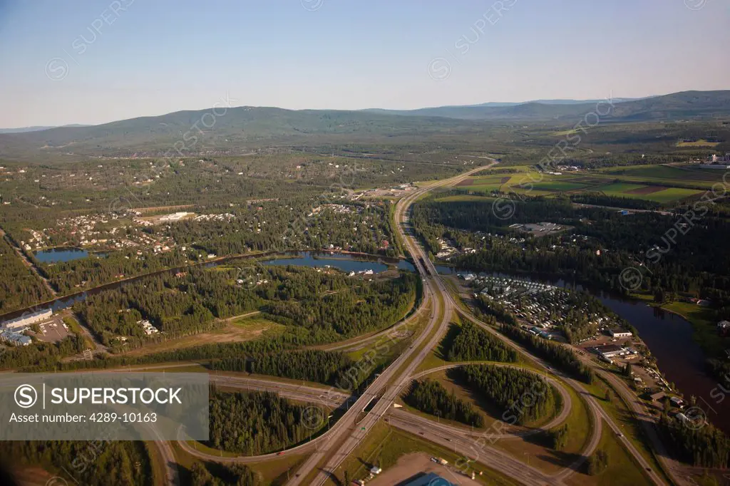 Aerial view of the city of Fairbanks and the Johansen Expressway, Interior Alaska, Summer