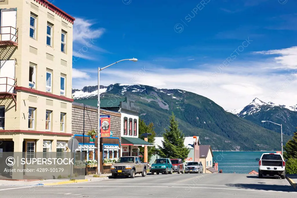 View of downtown Haines on a sunny day, Southeast Alaska, Summer