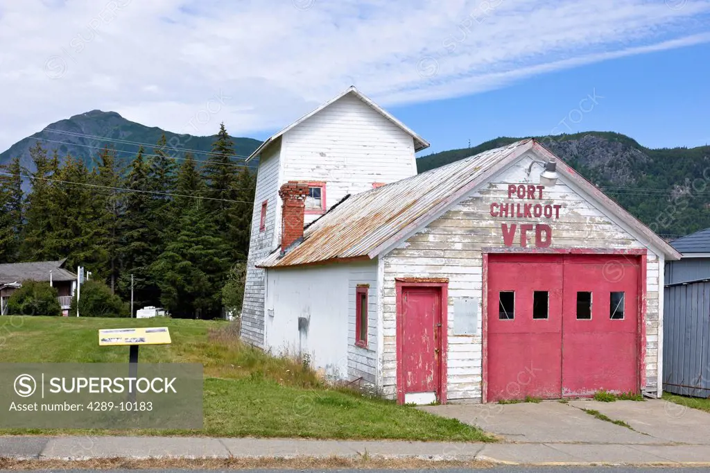 The Port Chilkoot Volunteer Fire Department building at Fort Seward, Haines, Southeast Alaska, Summer