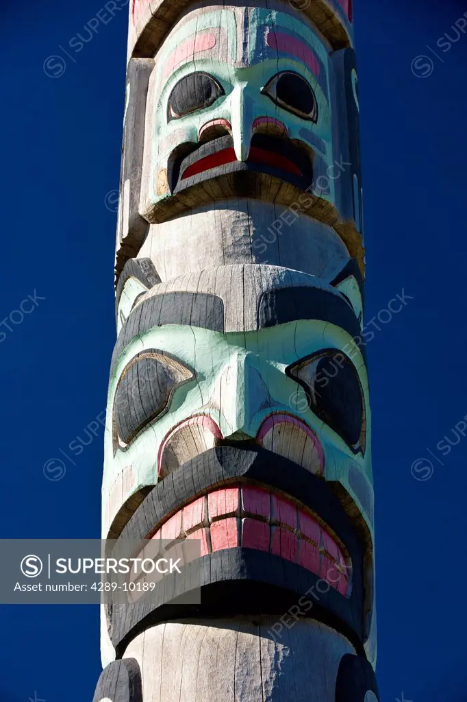 Tlinget Totem Pole at the Haines Public school, Southeast Alaska, Summer