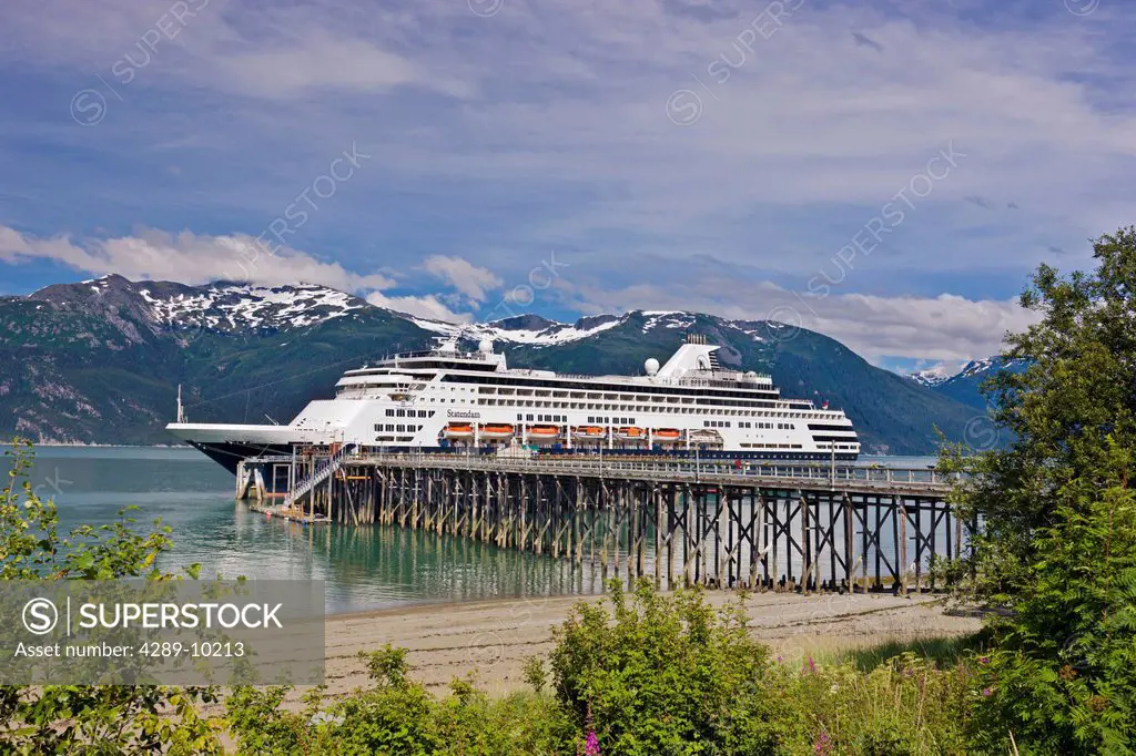 Cruise ship docked at Haines harbor in Portage Cove, Haines, Southeast Alaska, Summer