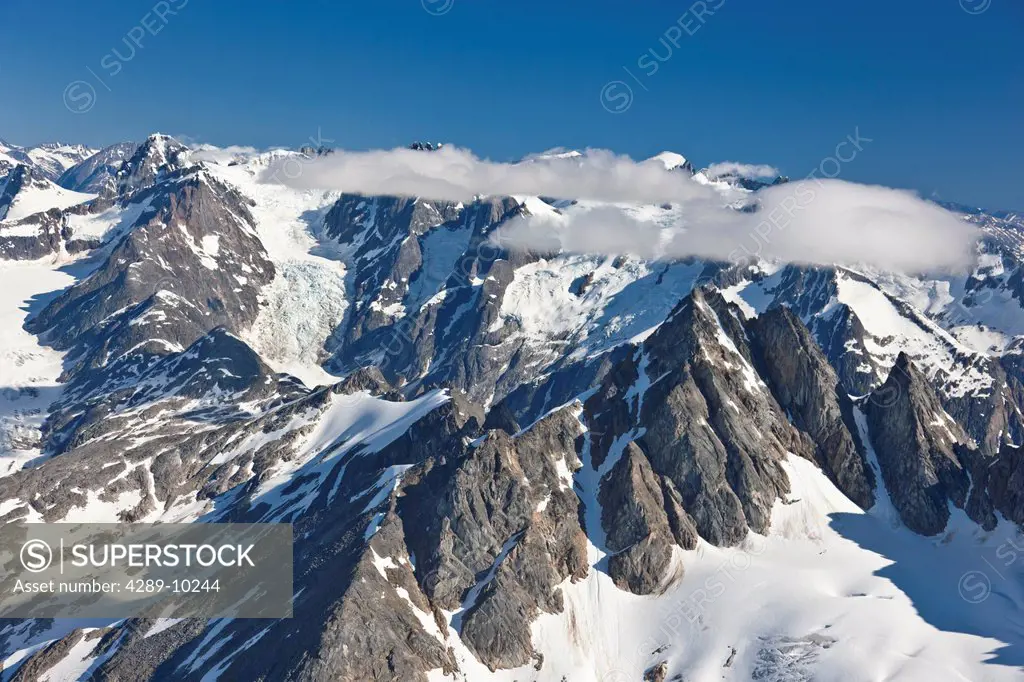 Aerial view of the Coastal Mountain Range north of Haines, Southeast Alaska, Summer
