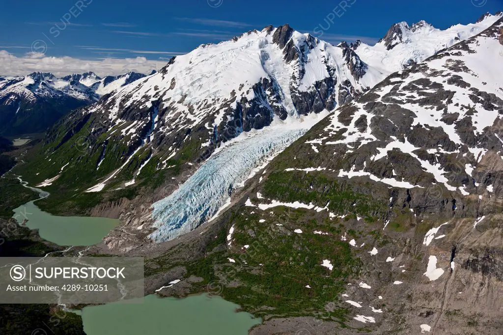 Aerial view of an unnamed glacier and headwaters of Nourse River in the Coastal Mountain Range north of Skagway, Southeast Alaska, Summmer