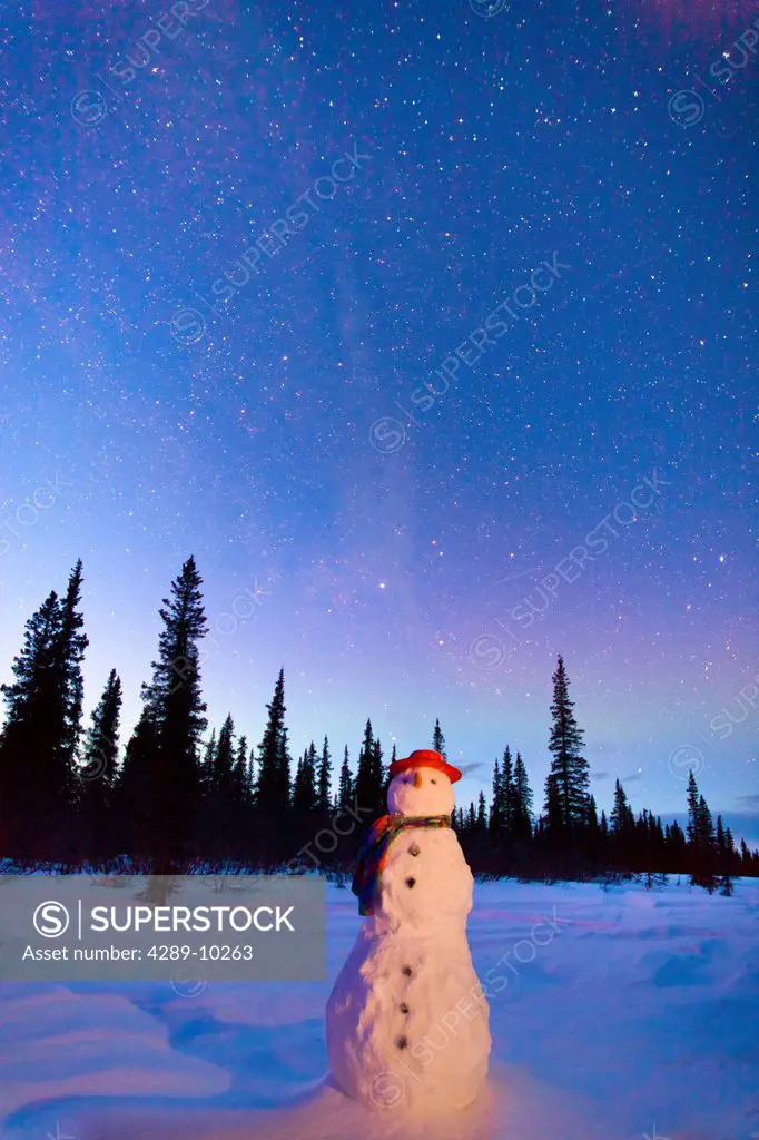 COMPOSITE,Snowman standing in a field at twilight, Winter, Broad Pass, Parks Highway,Southcentral Alaska