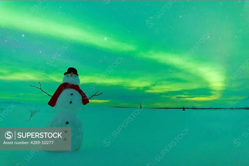 Digitally Altered,Snowman watching Northern Lights, Winter, Eureka Summit, Glenn Highway, Southcentral Alaska,