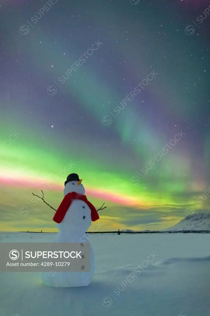 Digitally Altered, Snowman watching Northern Lights, Winter, Eureka Summit, Glenn Highway, Southcentral Alaska,