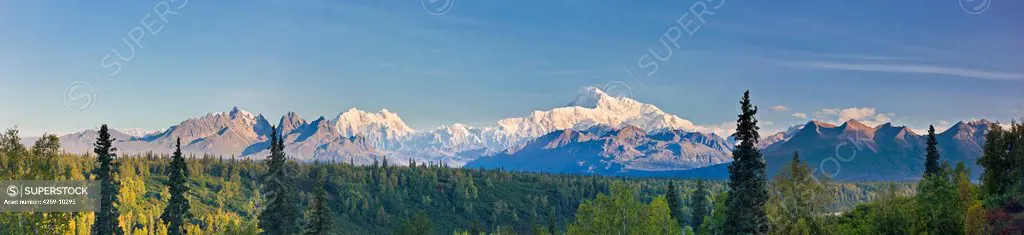 Panoramic scenic of Mount McKinley and the Alaska Range, as seen from the Chulitna River Overlook along the Parks Highway, Denali State Park, Alaska, ...