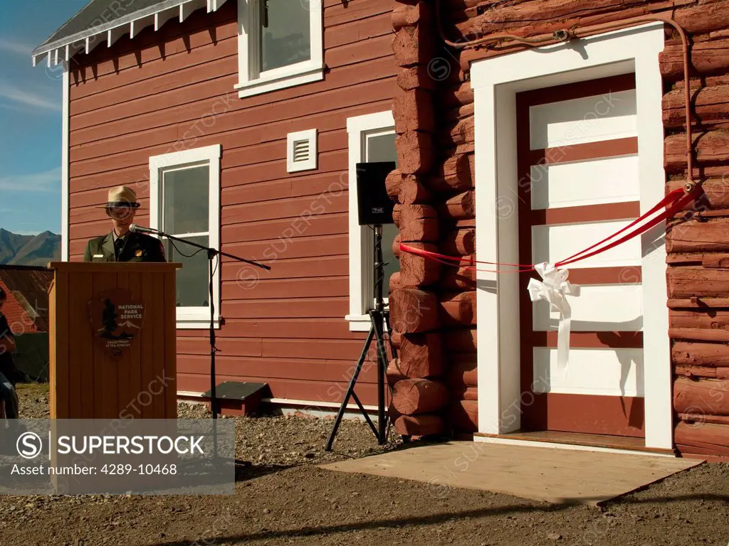 Wrangell_St. Elias National Park Superintendent, Meg Jensen, speaks at the Grand Opening ribbon cutting ceremony of the General Manager´s Office by th...