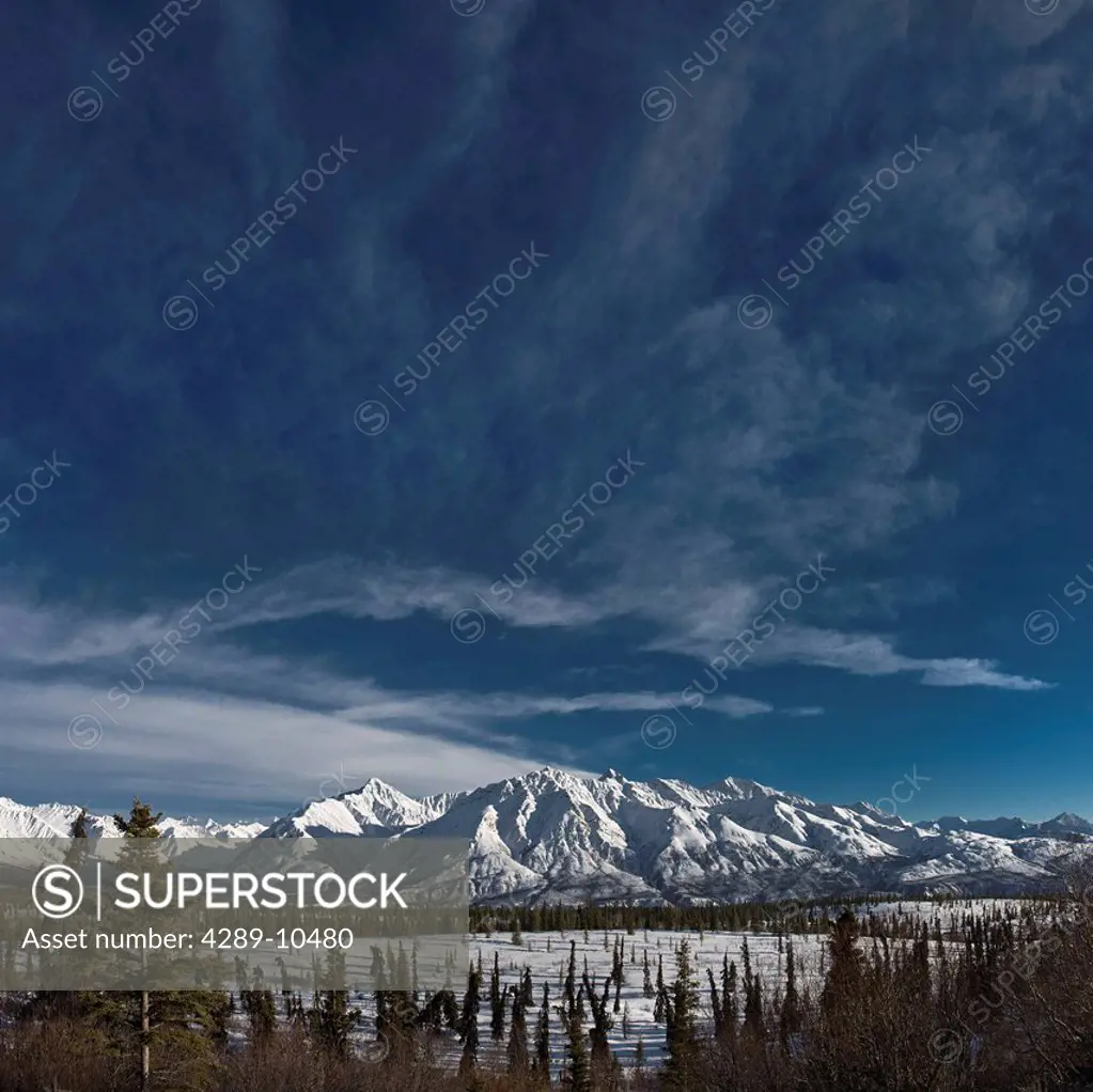 Panorama view of snowcovered Sheep Mountain Valley, Southcentral Alaska, Winter
