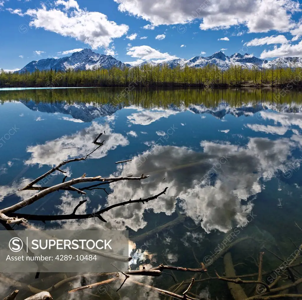 Clouds reflect on a sunny day in Echo Lake with Pioneer Peak in the background, Palmer, Southcentral Alaska, Spring