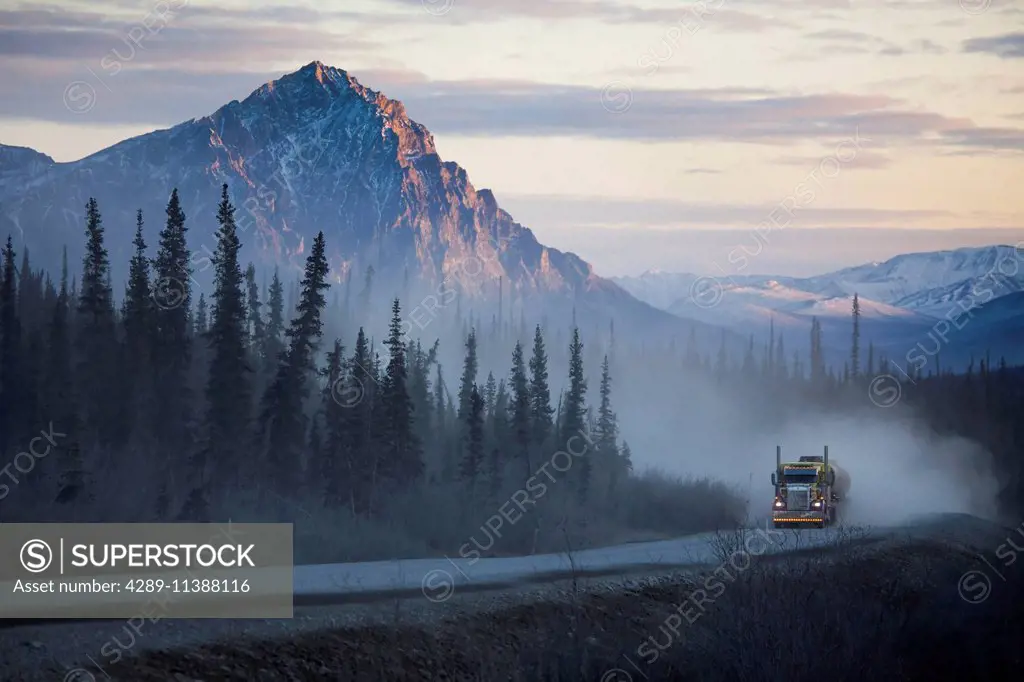Truck On The James Dalton Highway With Mount Dillon Of The Brooks Range In The Distance, Arctic, Alaska, Fall