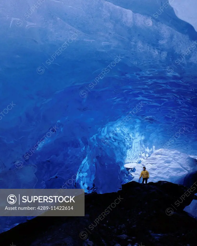 Hiker In Ice Cave @ Tongass National Forest Se Alaska Summer Scenic