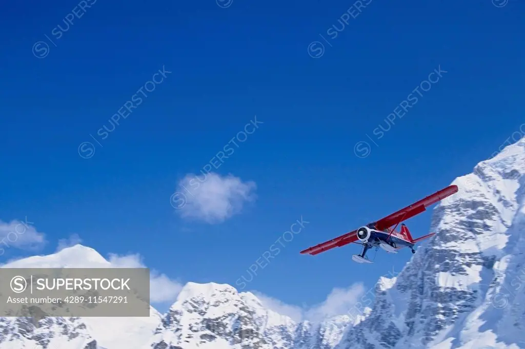 Talkeetna Air Taxi Dehavilland Beaver Skiplane Landing On Kahiltna Glacier Denali Nat Park Alaska
