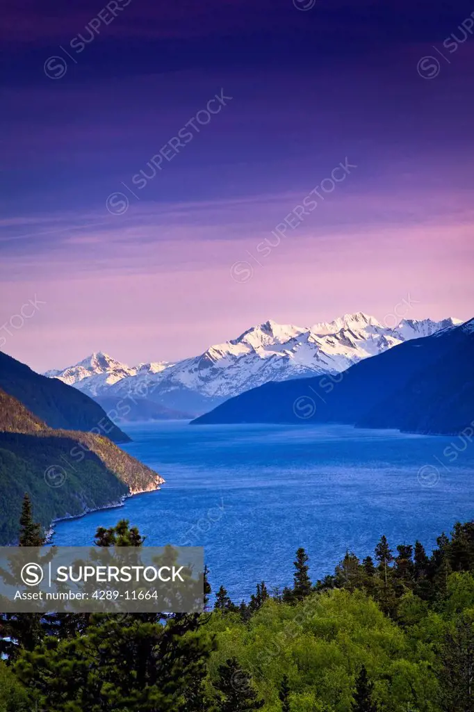 Scenic view of Lynn Canal and the Chilkat Mountains near Skagway at sunset, Southeast Alaska, Summer