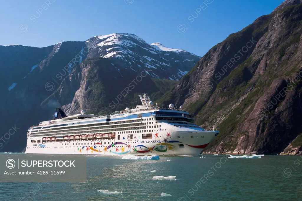 View Norwegian Star cruise ship in Tracy Arm with ice bergs in foreground, Stephens Passage, Southeast Alaska, Summer