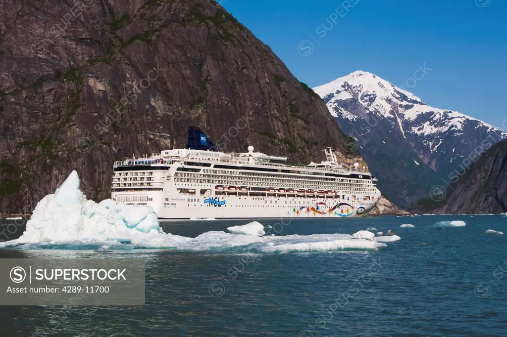 View Norwegian Star cruise ship in Tracy Arm with ice bergs in foreground, Stephens Passage, Southeast Alaska, Summer