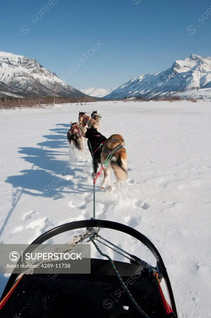View from the sled while dog mushing up the North Fork of the Koyukuk River in Gates of the Arctic National Park & Preserve. Property release.