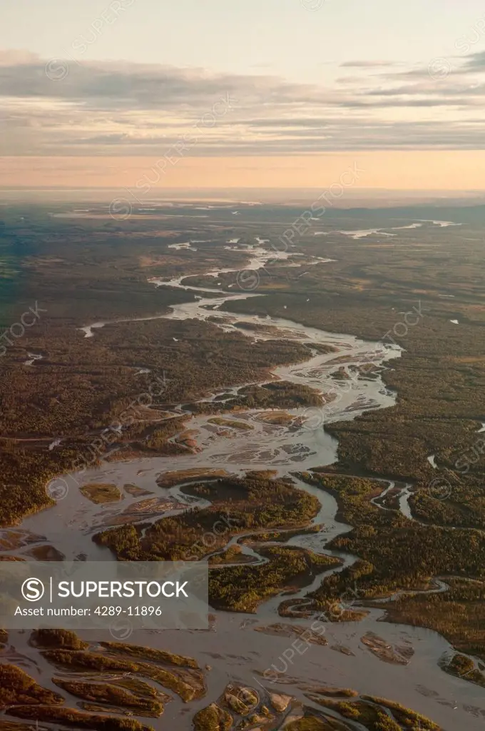 Aerial view of the Susitna River as it flows toward the Cook Inlet, Susitna Valley, Southcentral Alaska, Summer