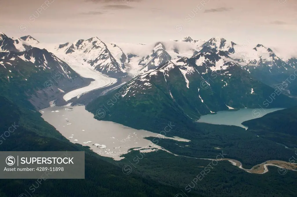 Aerial view of Twenty Mile Glacier and Lake, Chugach National Forest, Southcentral Alaska, Summer