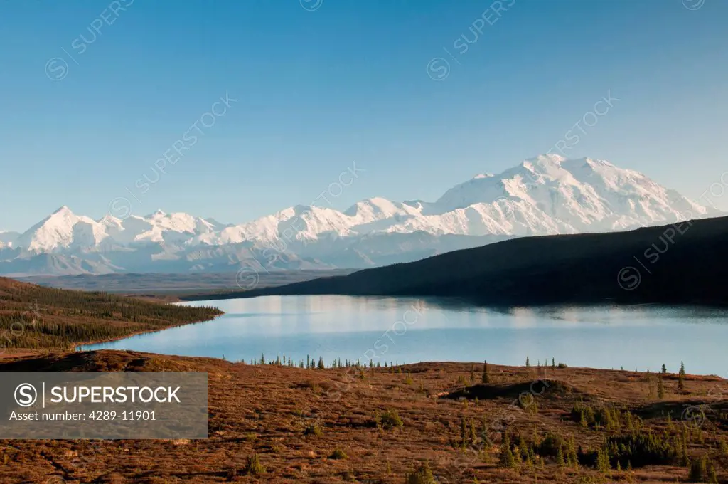 Scenic view of Wonder Lake and Mt. McKinley in Denali National Park & Preserve, Interior Alaska, Autumn
