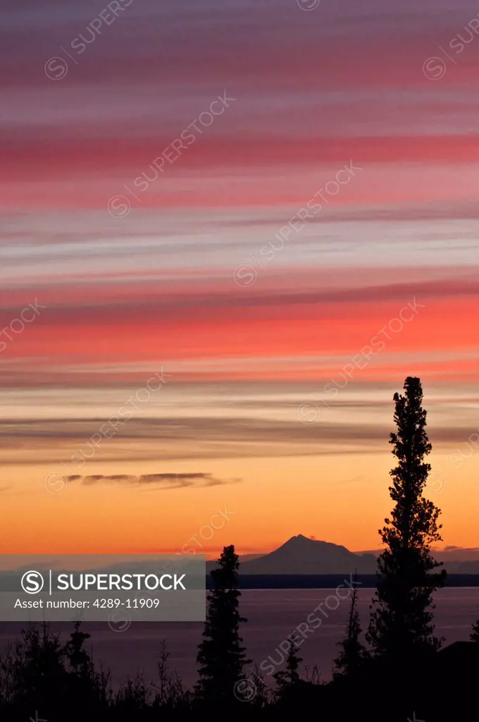 Sunset view of Mt. Redoubt as seen across Cook Inlet, near Anchorage, Southcentral Alaska, Autumn