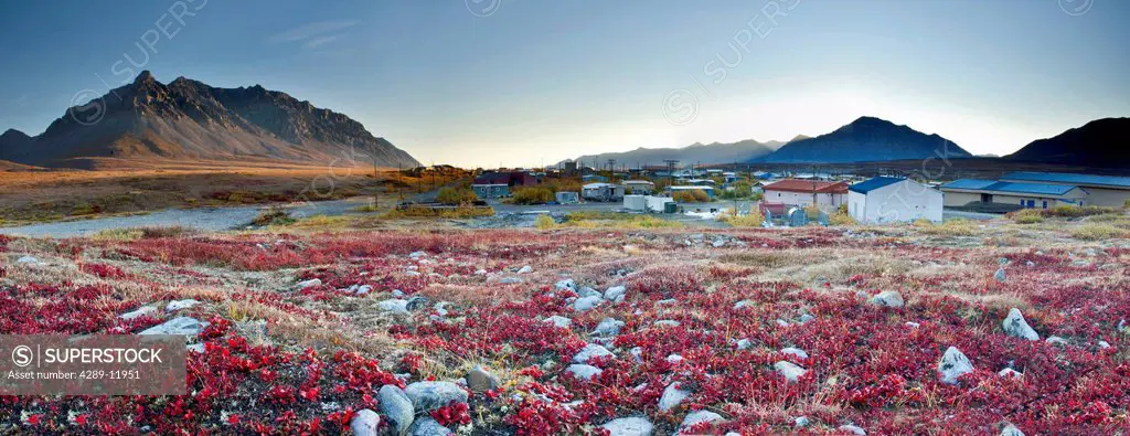 Scenic view of red Bear Berry foliage and mountains at the village of Anaktuvuk Pass in Gates of the Arctic National Park & Preserve, Arctic Alaska, A...