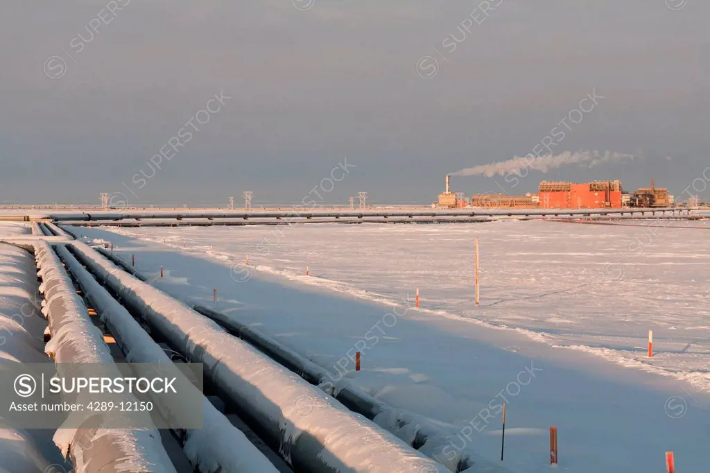 View of the Central Gas Facility CGF and Pipelines at Prudhoe Bay, Arctic Alaska, Winter